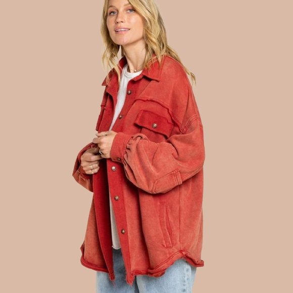 POL Red French Terry Oversized Shacket with Raw Seems - Picture 3 of 5